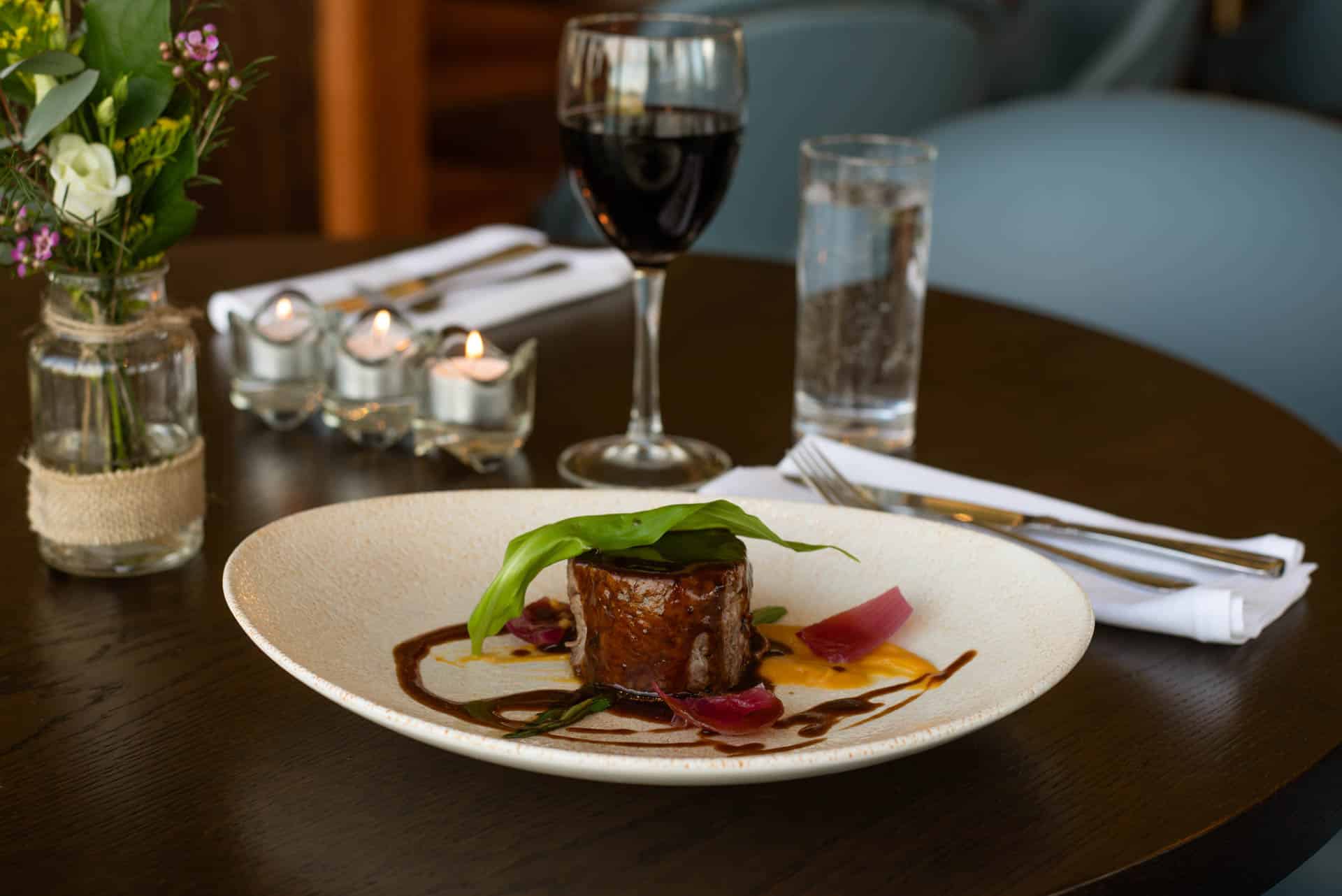 Tulfarris Hotel Featherblade of Irish Beef served with glass of red wine