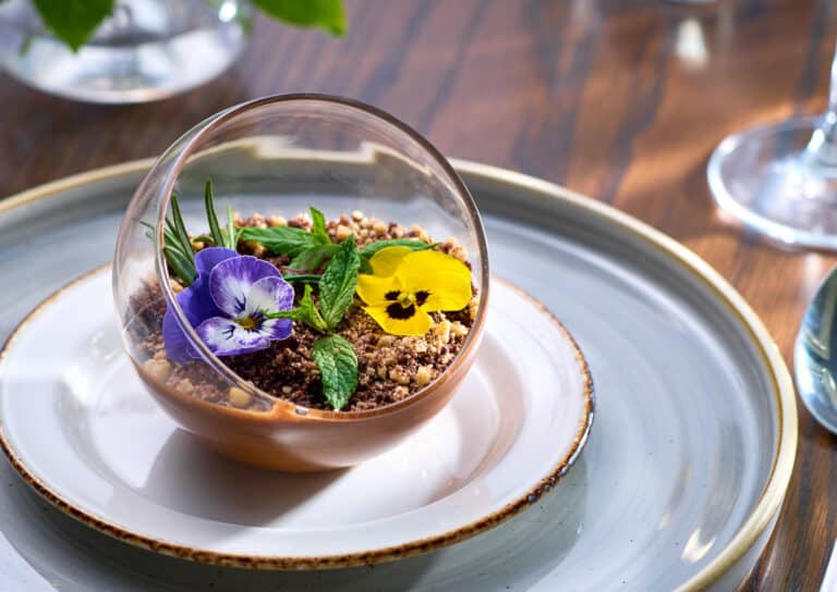 Tulfarris Brasserie Chocolate mouse with edible flowers