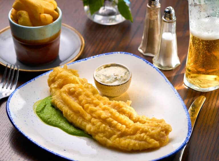 Tulfarris Brasserie Cod , chips and peas with tartare sauce and Beer
